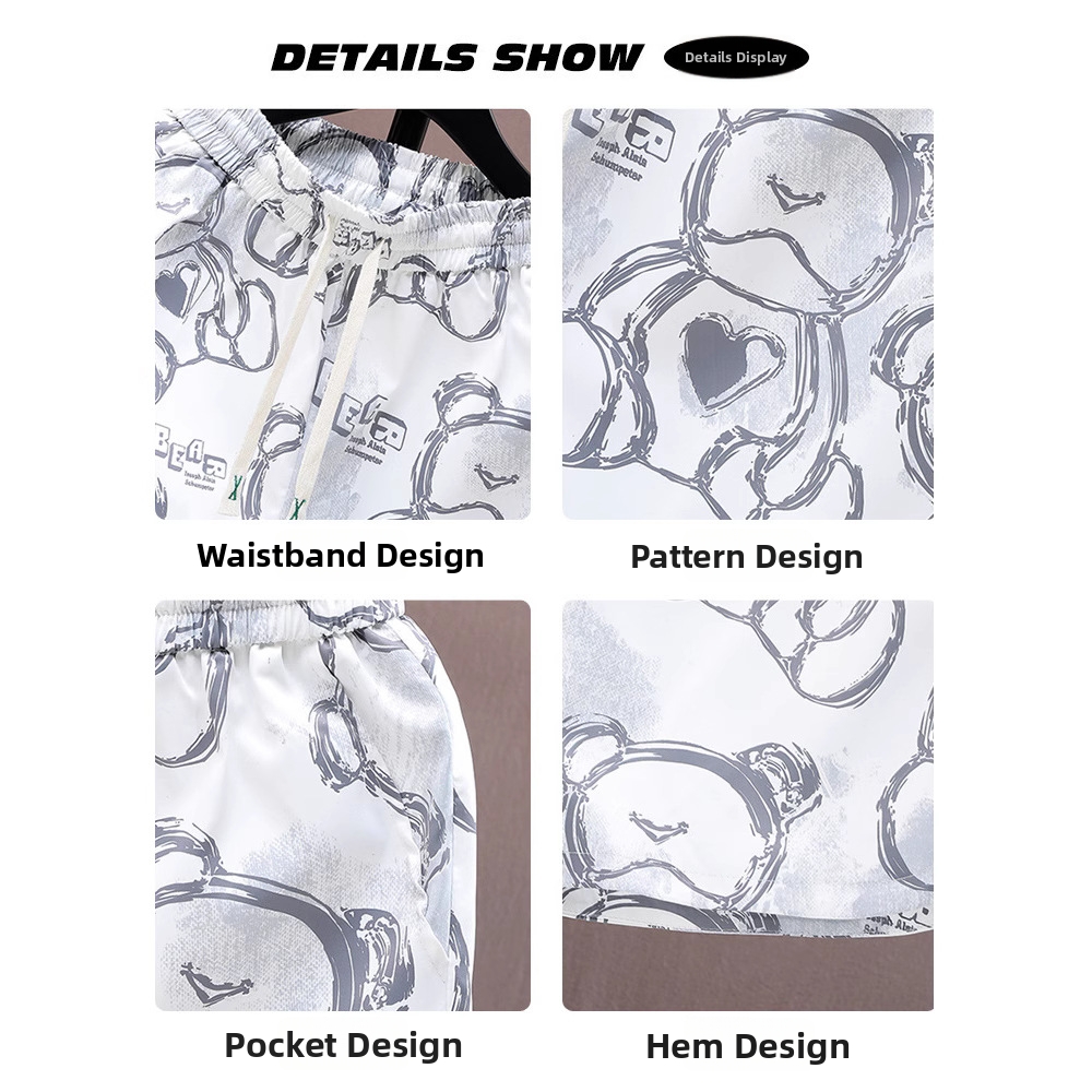 Men's Ice Silk Shorts Summer Thin Style Trendy Cartoon Print Casual Loose Fit Quick Drying Sports Five Point Pants_viptrois.com