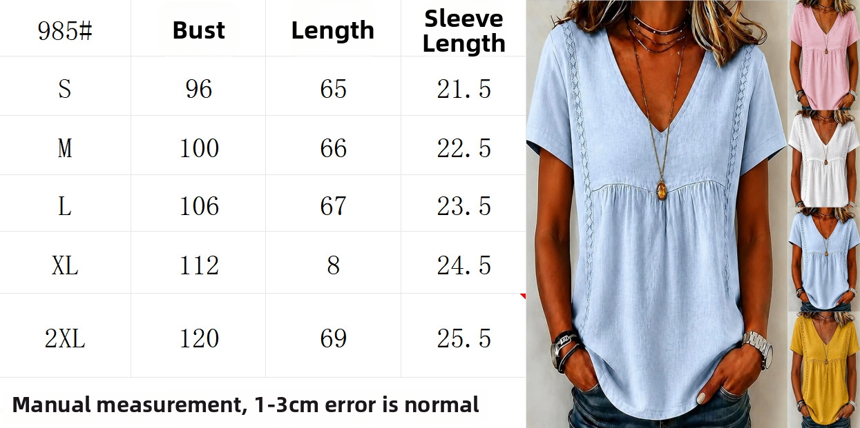 Women's Lace V Neck Pullover Top Solid Color Casual Short Sleeve Shirt American Style Summer New Arrival_ecoleips.com