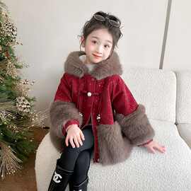 女童超好看外套秋冬2026新款儿童新年加厚红色皮草女孩拜年服冬款
