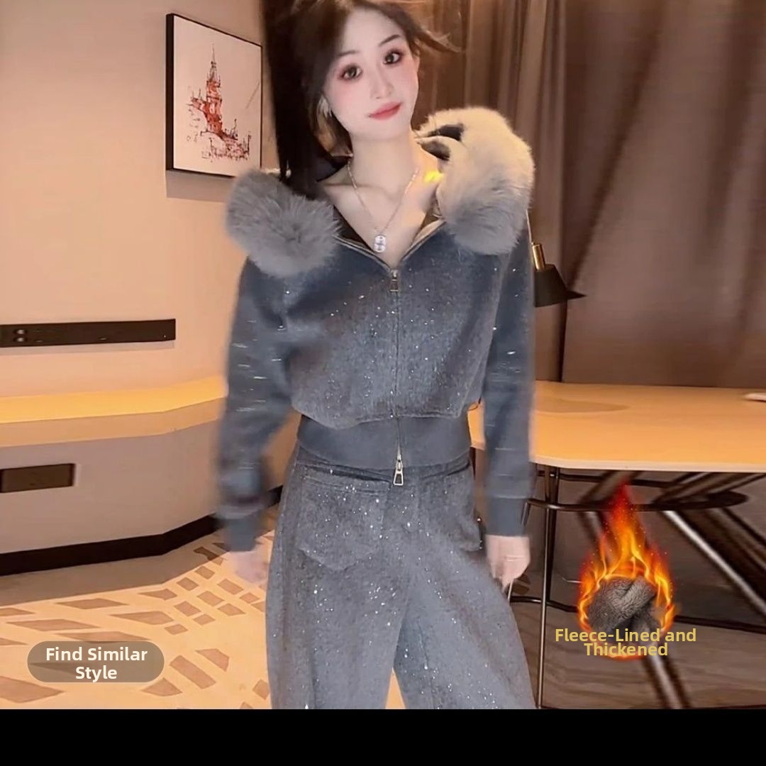 Women's Fleece Lined Thickened Two Piece Set Casual Fashionable Autumn Winter Hooded Sweatshirt Wide Leg Pants Heavy Duty Sequined_voghion.com
