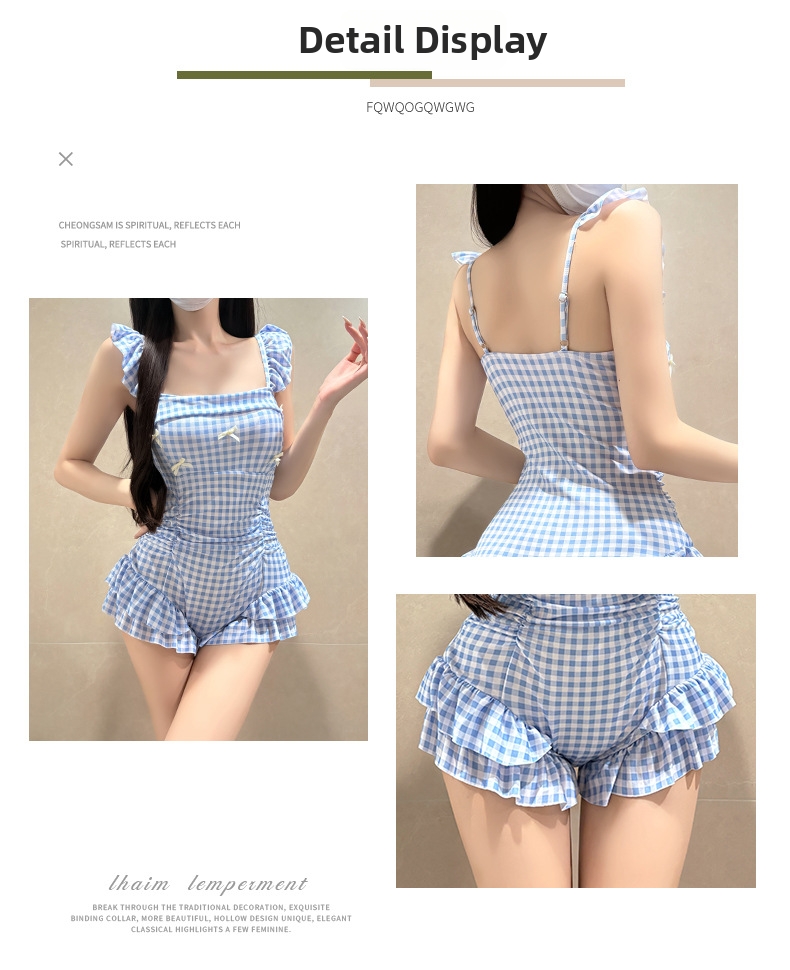 Women's One Piece Swimsuit Retro Plaid Halter Slimming Swimwear_voghion.com