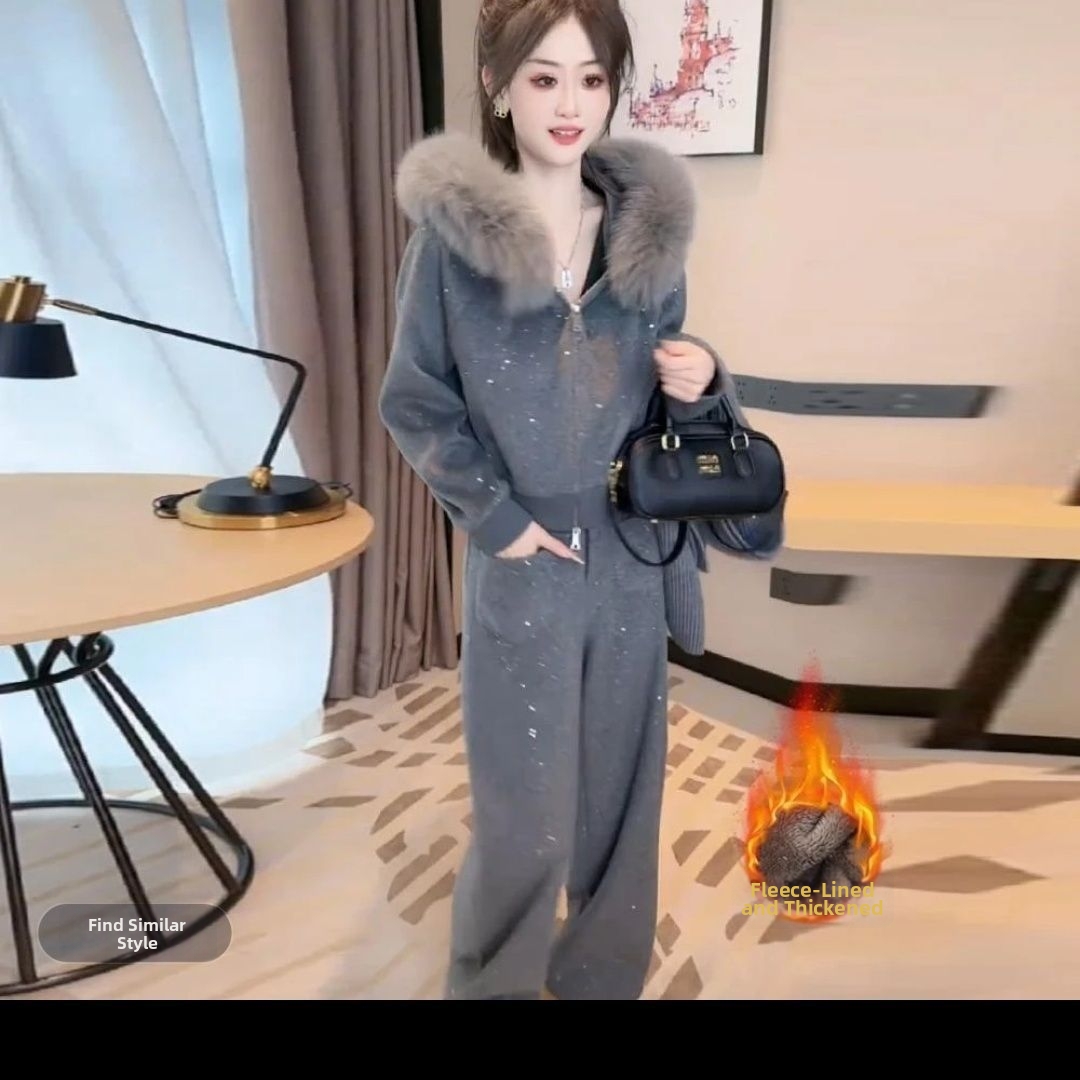 Women's Fleece Lined Thickened Two Piece Set Casual Fashionable Autumn Winter Hooded Sweatshirt Wide Leg Pants Heavy Duty Sequined_voghion.com