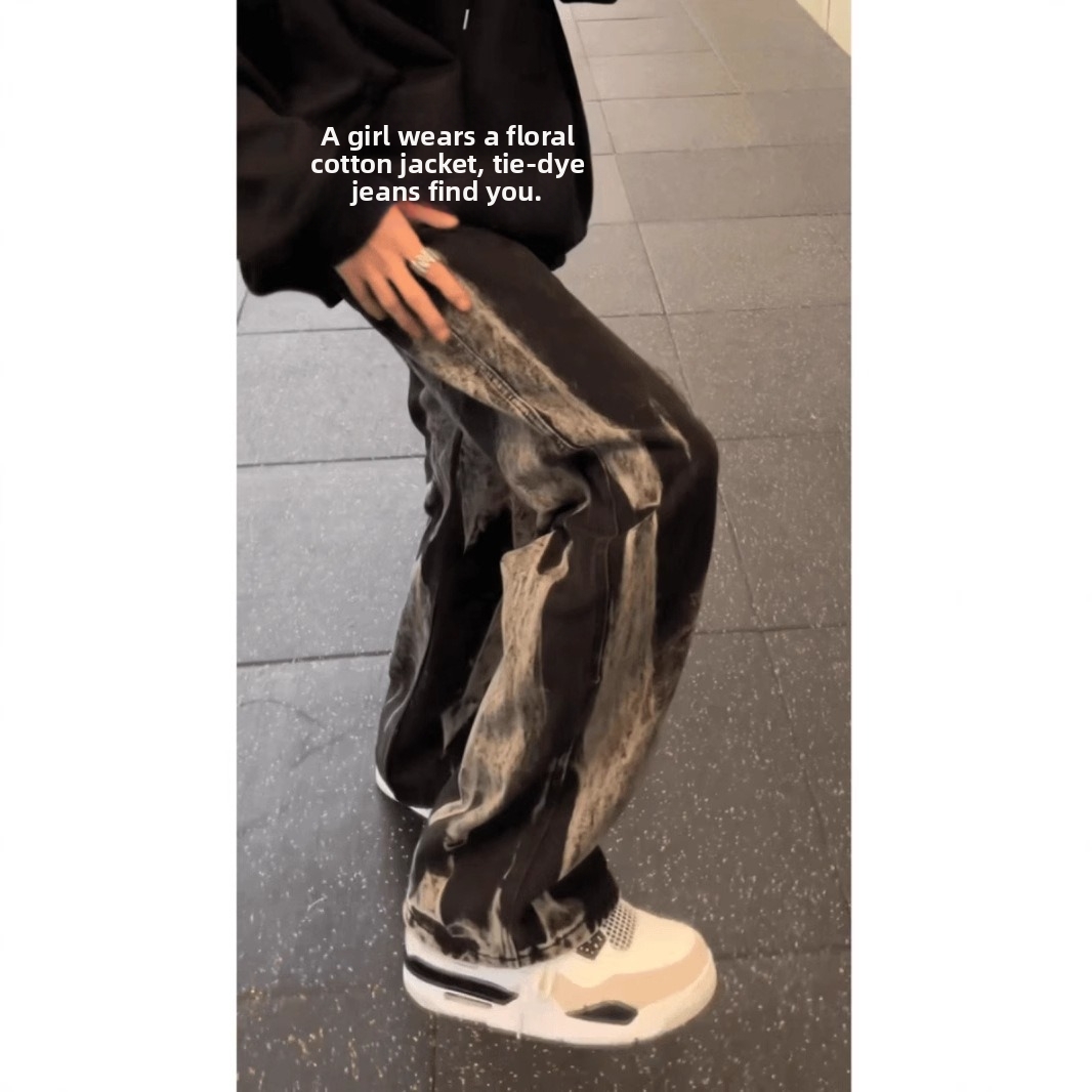 Men's Black Tie Dye Jeans Flared Pants Straight Leg American Style Trendy Cool Spring Autumn Curved Trousers_mkmklike.com