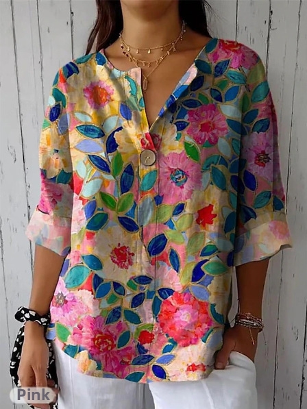 Women's Button Down V Neck Casual Top T-Shirt American Style Thin Polyester Spring Autumn Hot Selling_ecoleips.com