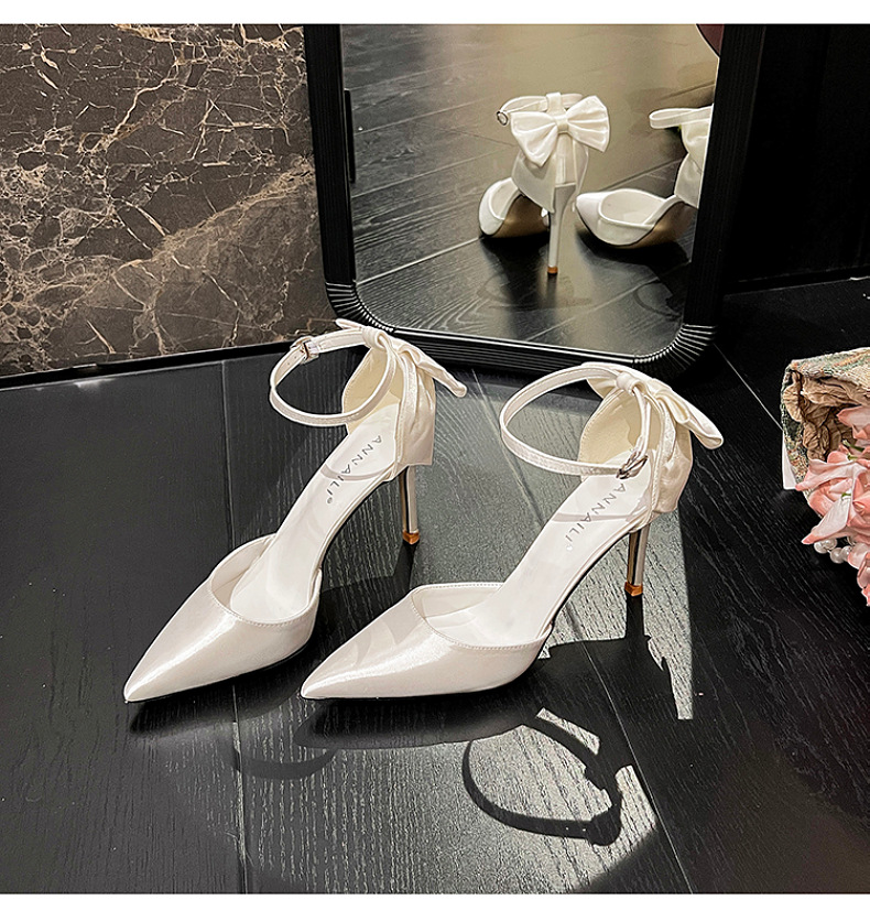 Women's Satin Wedding Shoes White Stiletto Heel Pumps with Single Strap Sweet Bow plus Size High Heels 42 43_vogvips.com