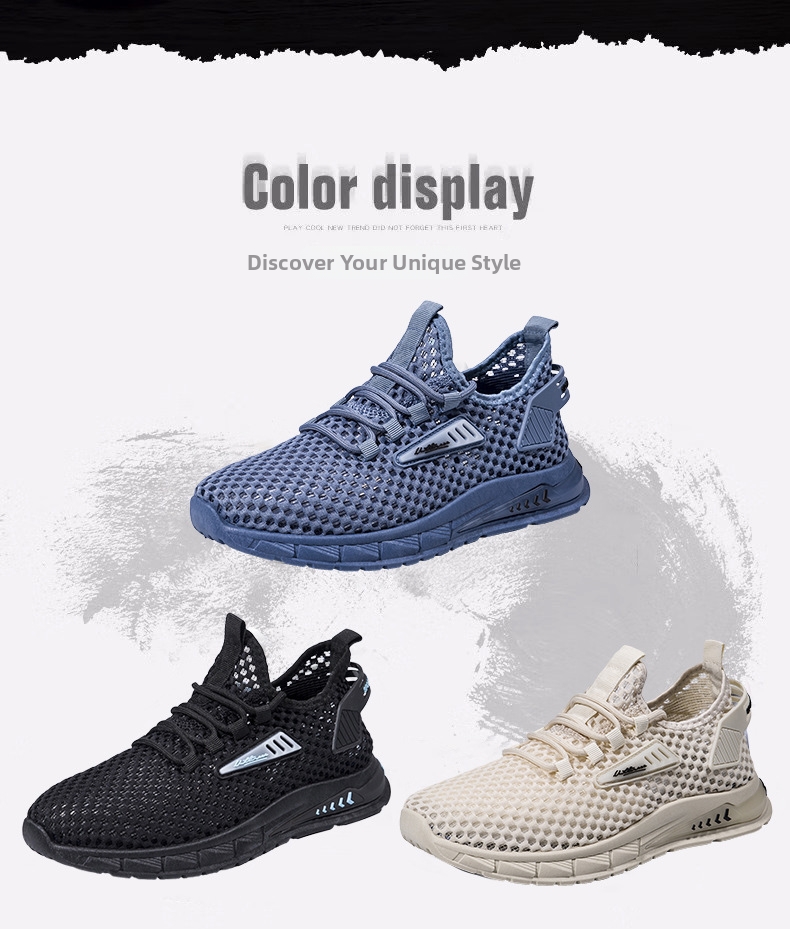 Men's Summer Sports Shoes Breathable Mesh Hollow Out Lightweight Flyknit Size 39-48 White Black Casual_voghion.com
