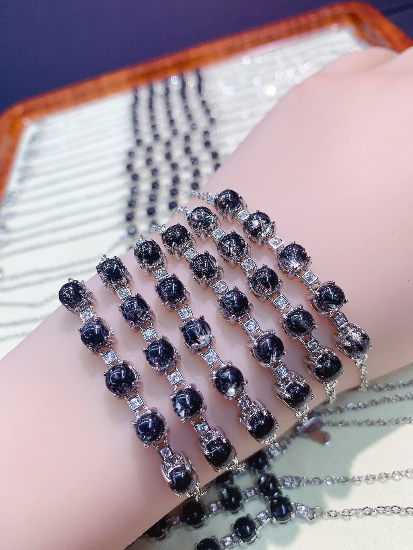 Wholesale natural black rutilated quartz inlaid bracelets, a top choice for understated luxury French gifts, popular sweet potato style, factory direct sales.