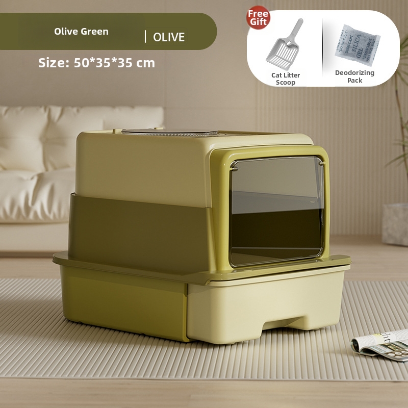 Qinggu Extra Large Olive Dreischicht-Katzentoilette mit Schublade, UV-C-Sterilisation, spritzwassergeschützt, Haustierbedarf_voghion.com