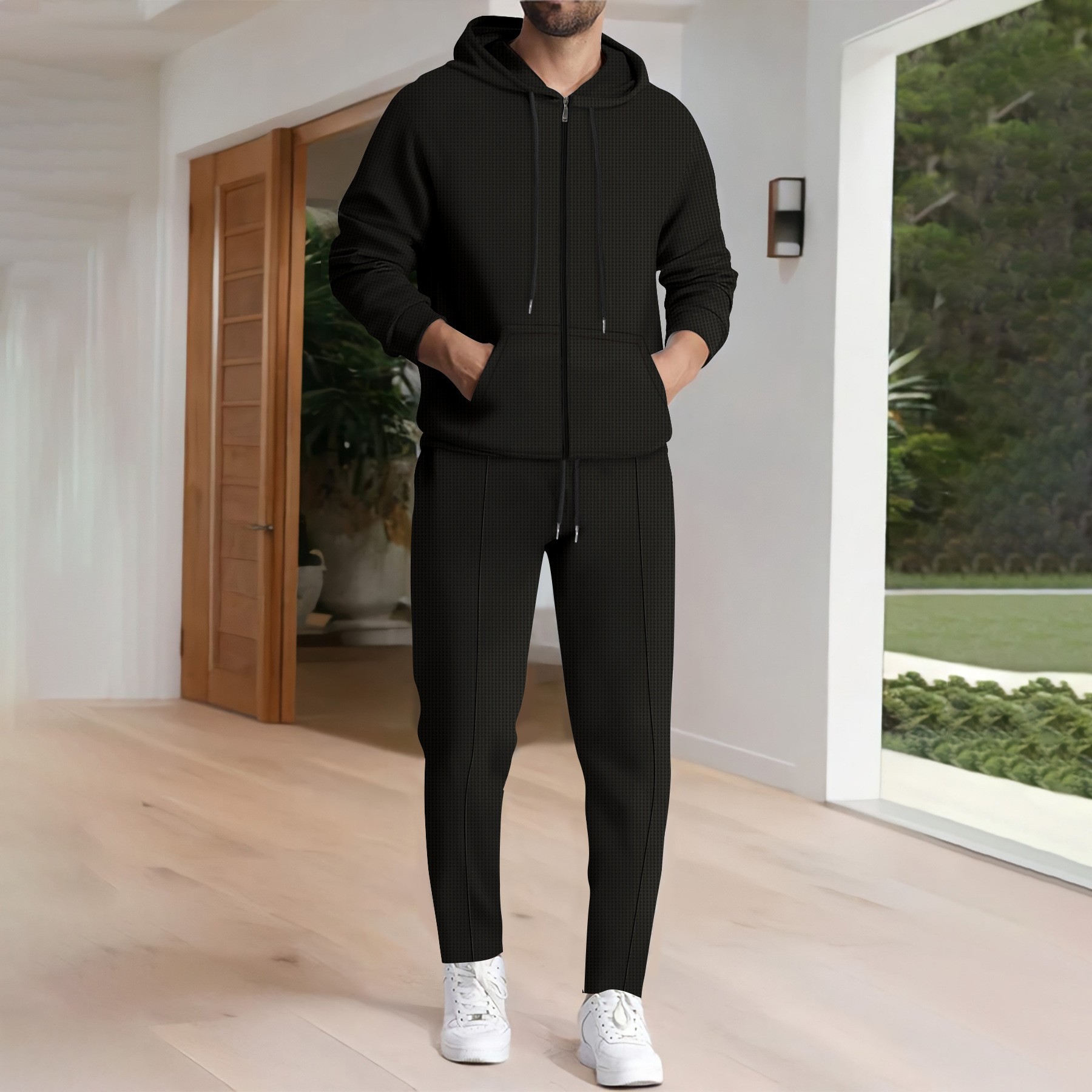 Conjunto de sudadera con capucha y jogger waffle para hombre_voghion.com