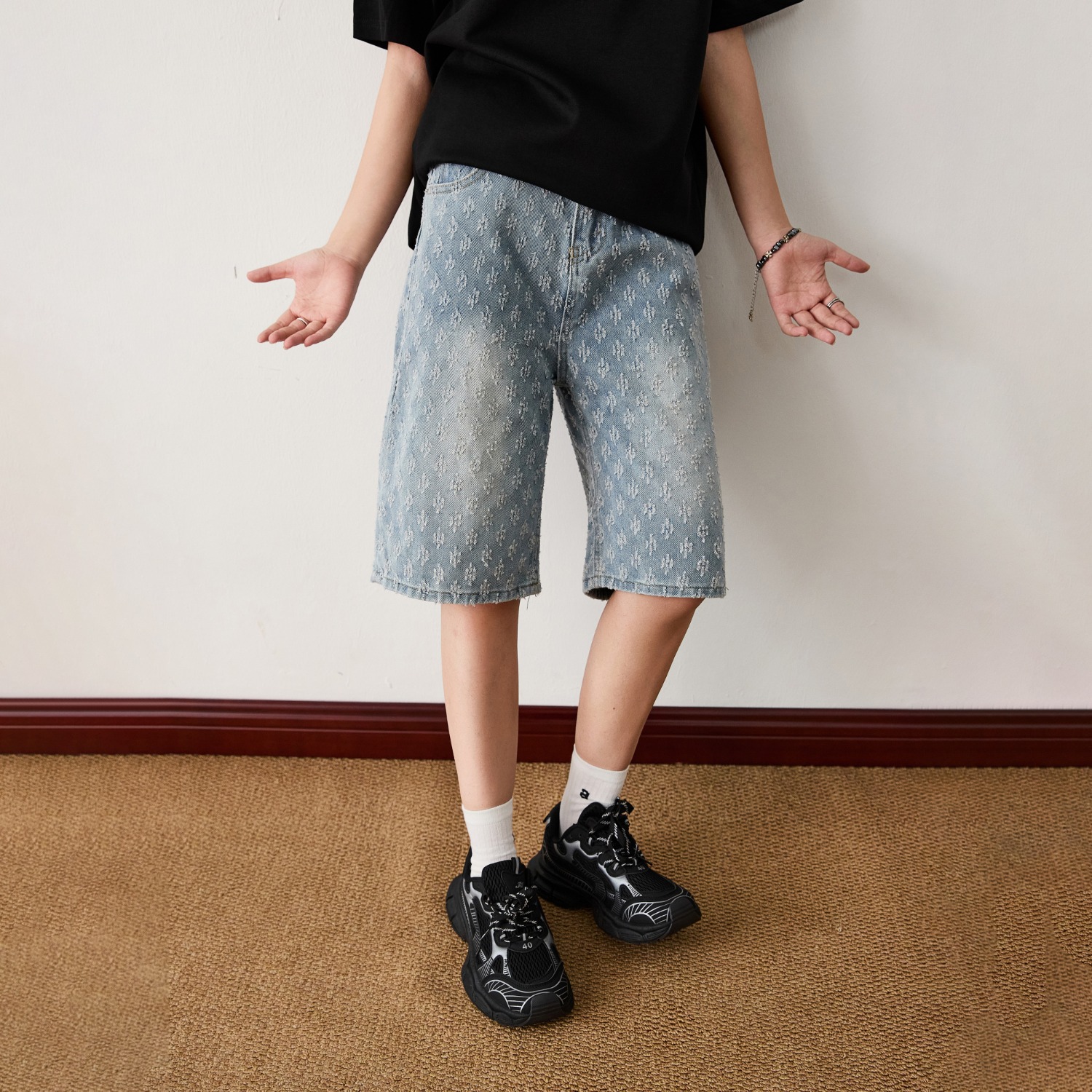 Herren Jacquard Jeansshorts Lockere Passform Gerade Geschnitten_voghion.com