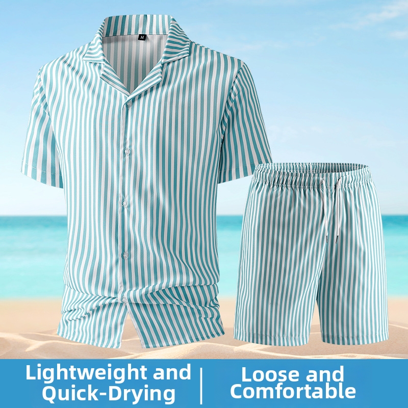 Zweiteiliges Herren-Freizeithemd und Shorts mit 3D-Druck, sommerlich, kurzärmelig, vielseitig_voghion.com