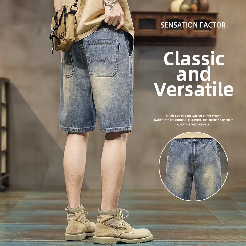 Men's Vintage Workwear Denim Shorts, Summer Lightweight Relaxed Fit Straight Leg Cargo Shorts 5-Pocket Design_mkmklike.com
