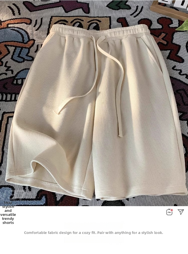 Men's Waffle Shorts Summer Thin Casual Sports Loose Fit Trendy Beach Five-Point Pants_viptrois.com