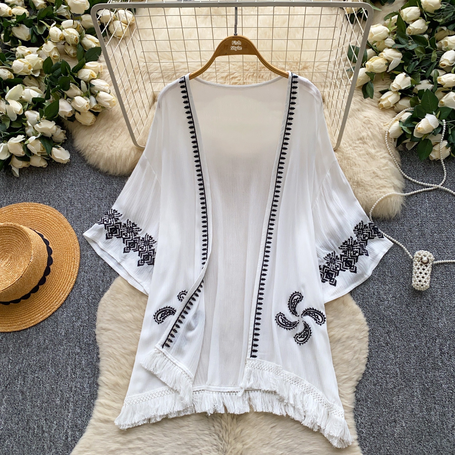 Women's Bohemian Style Heavy Embroidery Tassel Cardigan Loose Fit Summer Commuter Vacation Outerwear Top_ecoleips.com