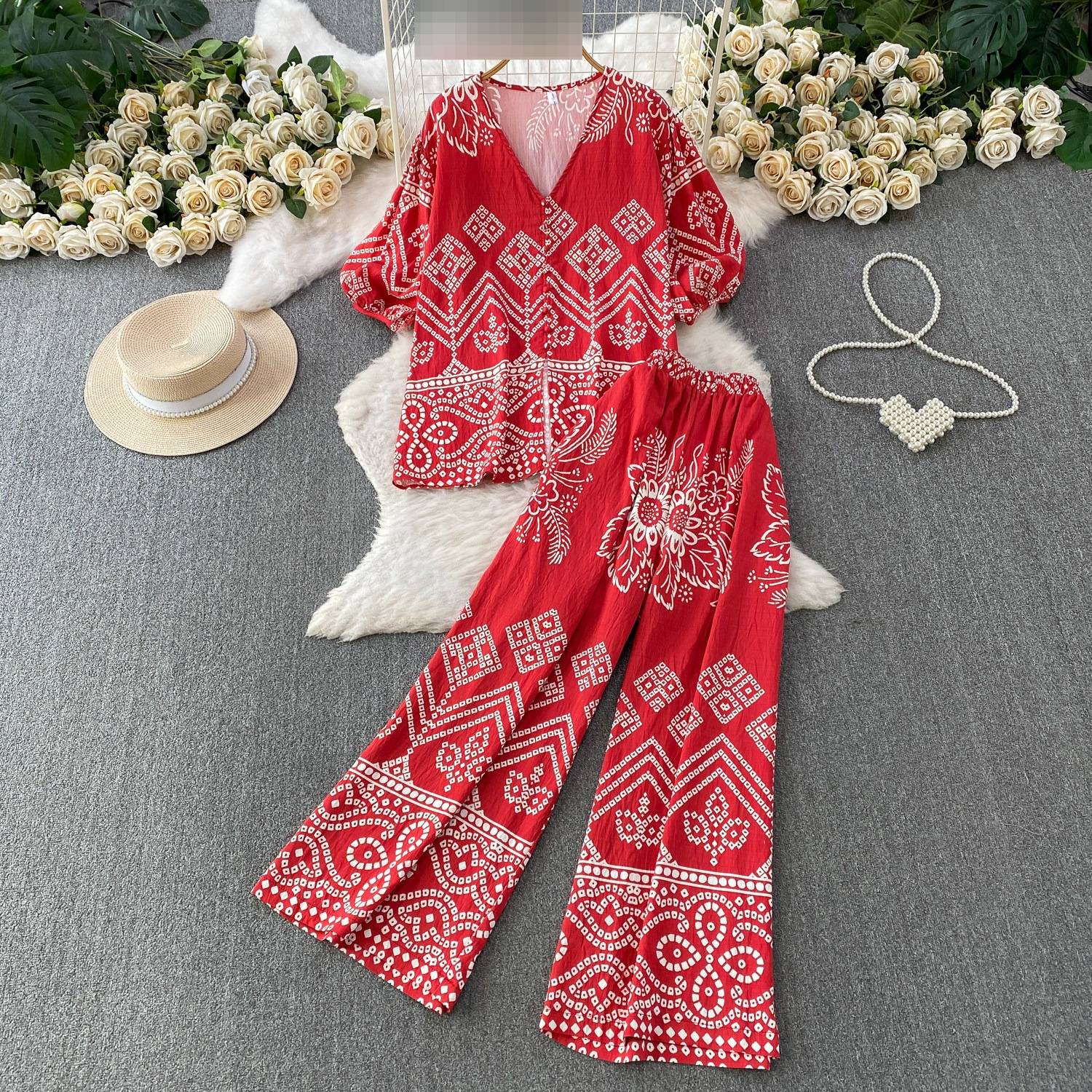 Women's French Style Commuter Cardigan V Neck Puff Sleeve Geometric Print Two Piece Set Casual Loose Fit Slimming Wide Leg Pants_ecoleips.com