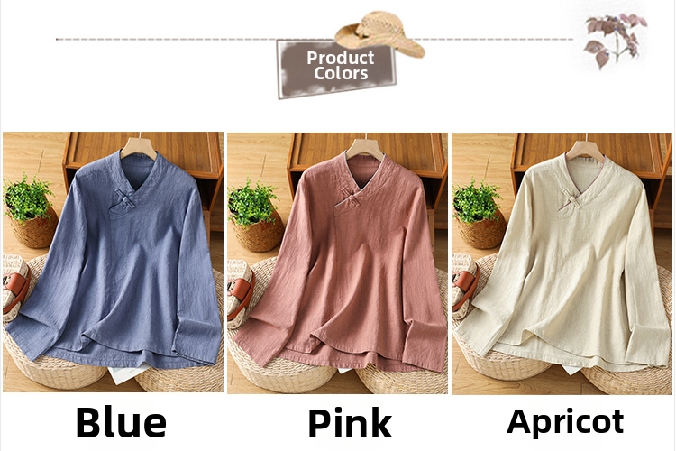 Blusa mujer estilo chino cuello v manga larga algodón y lino_voghion.com