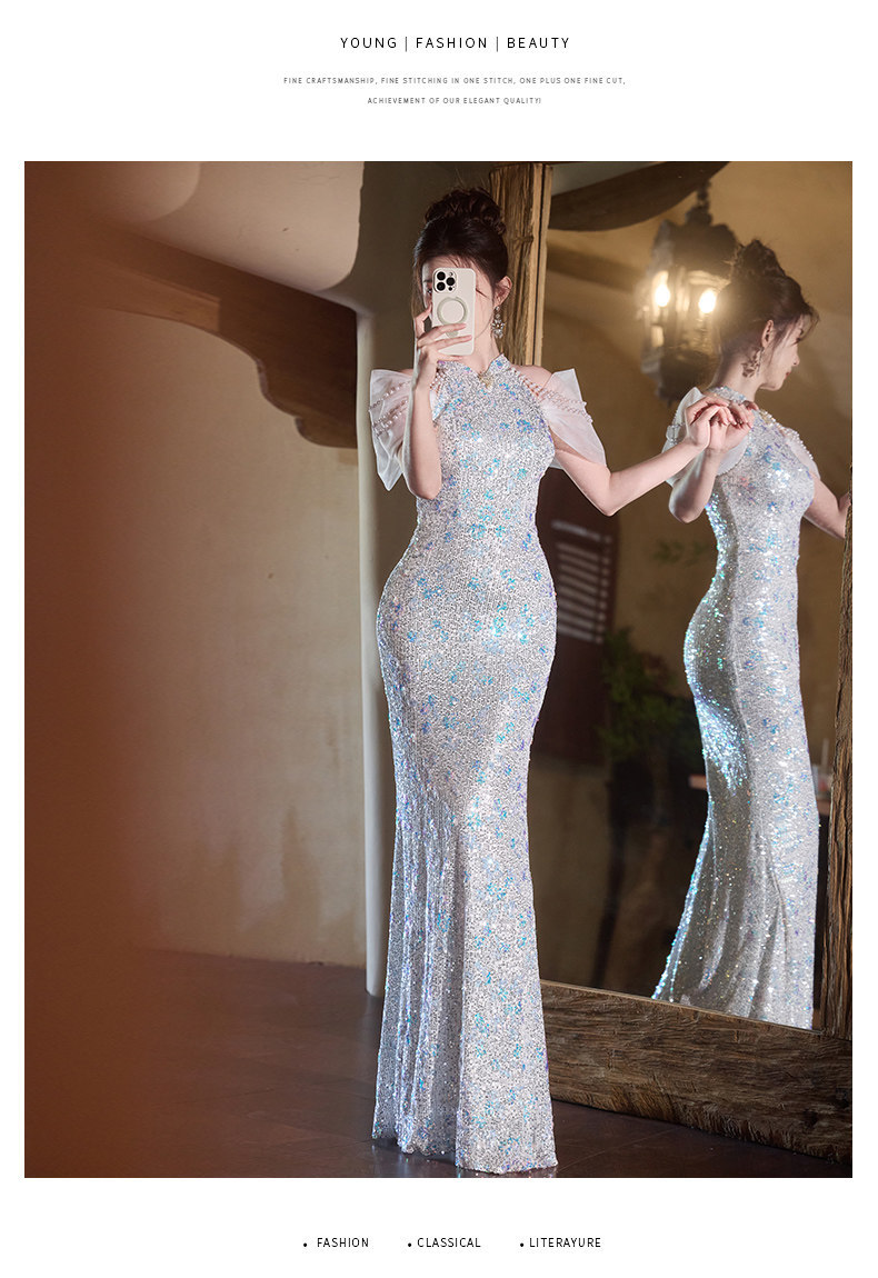 Elegant Sequin Mermaid Cheongsam Evening Gown - Slim Fit Qipao Dress For Banquet Party Wedding_ecoleips.com