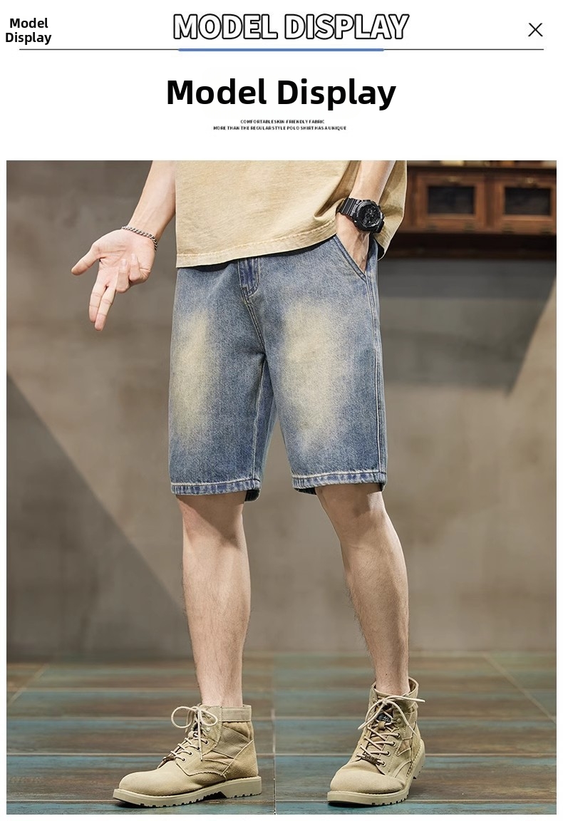 Men's Vintage Workwear Denim Shorts, Summer Lightweight Relaxed Fit Straight Leg Cargo Shorts 5-Pocket Design_mkmklike.com