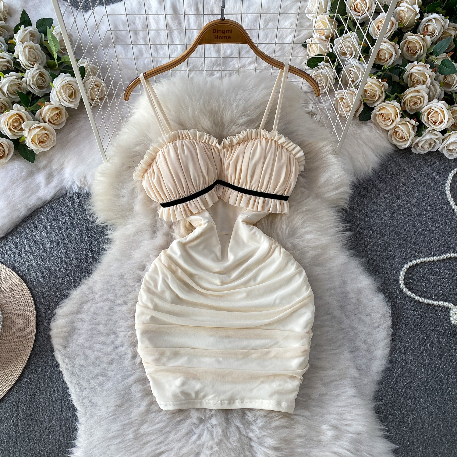 Women's Flirty Ruffled Tube Top Bodycon Mini Dress With Spaghetti Straps For Summer_ecoleips.com