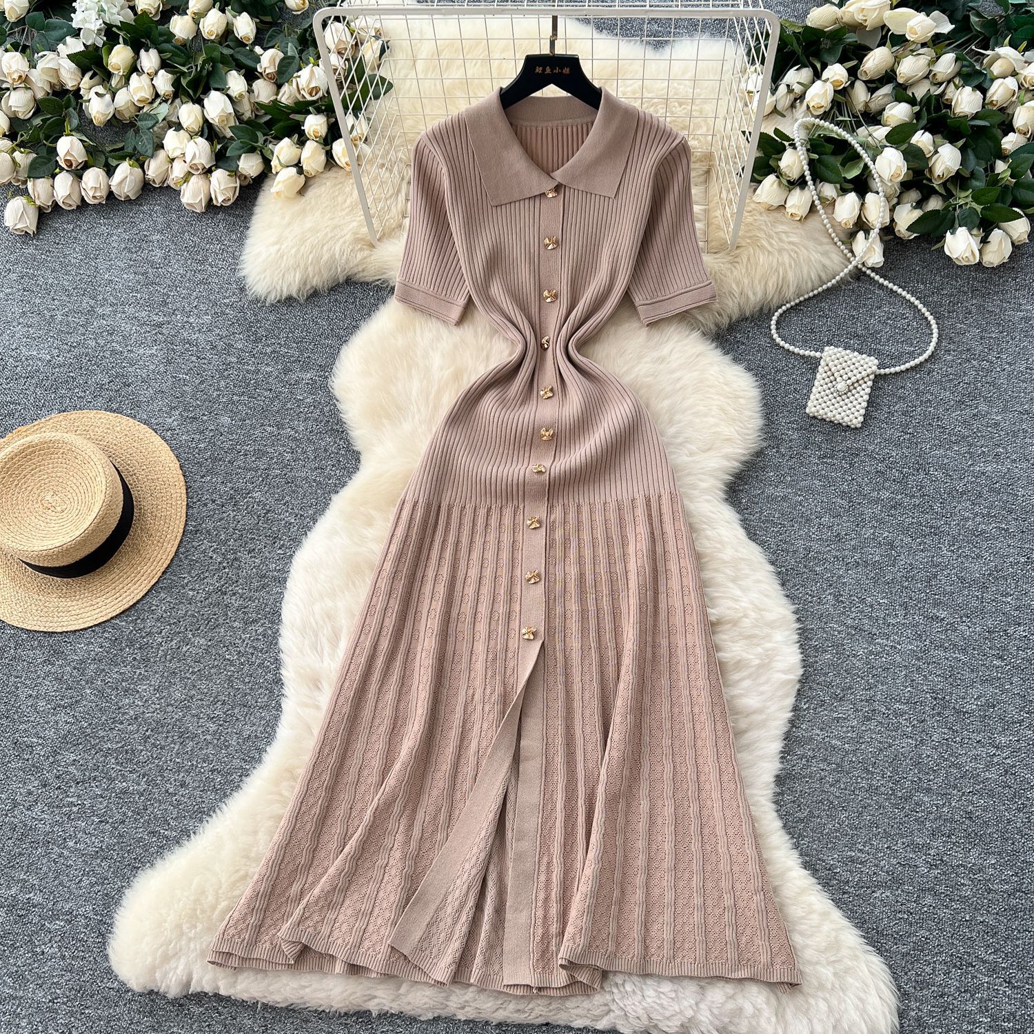 Women's French Retro Polo Collar Dress High End Waist Cinching Long Knit Metal Buckle Slim Fitting Short Sleeved_ecoleips.com