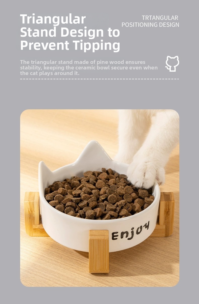 Ceramic Cat Bowl Elevated Pet Feeder With Wooden Stand_voghion.com
