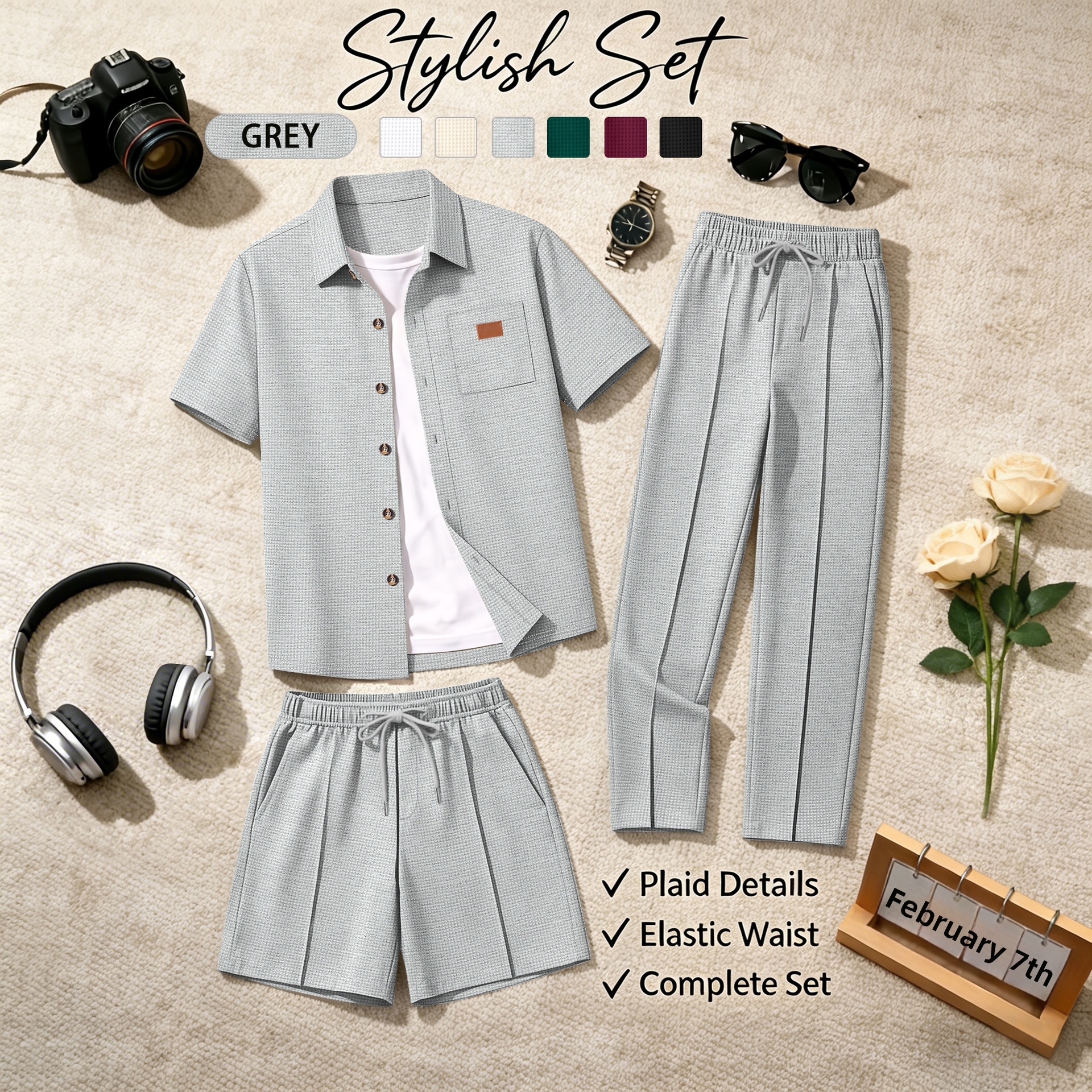 Herren Waffelstrick Dreiteiler Set Für Sommer Und Frühling_voghion.com