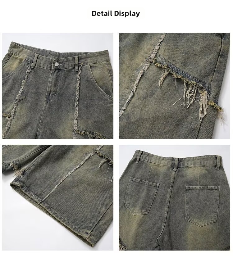 Men's Summer High Street Loose Straight Leg Denim Shorts Distressed Style Edgy Five Point Pants Youth American Fashion_mkmklike.com