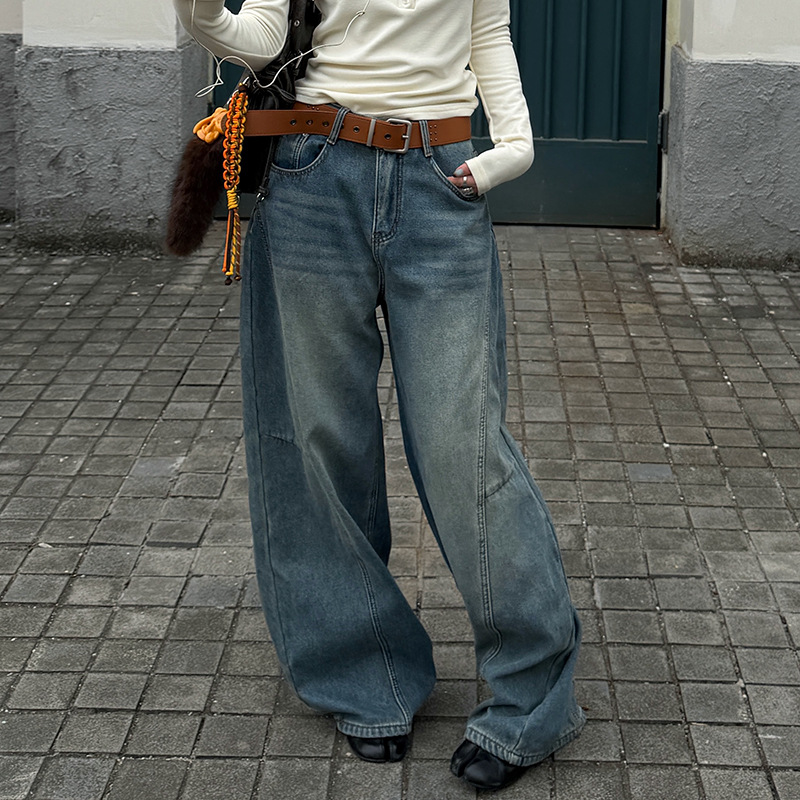 Women's Clothing Trendy Wide Leg Knife Pants Distressed Retro Blue Denim Fleece Lined Loose Curved Fit Street Style Washed Whiskered_mkmklike.com
