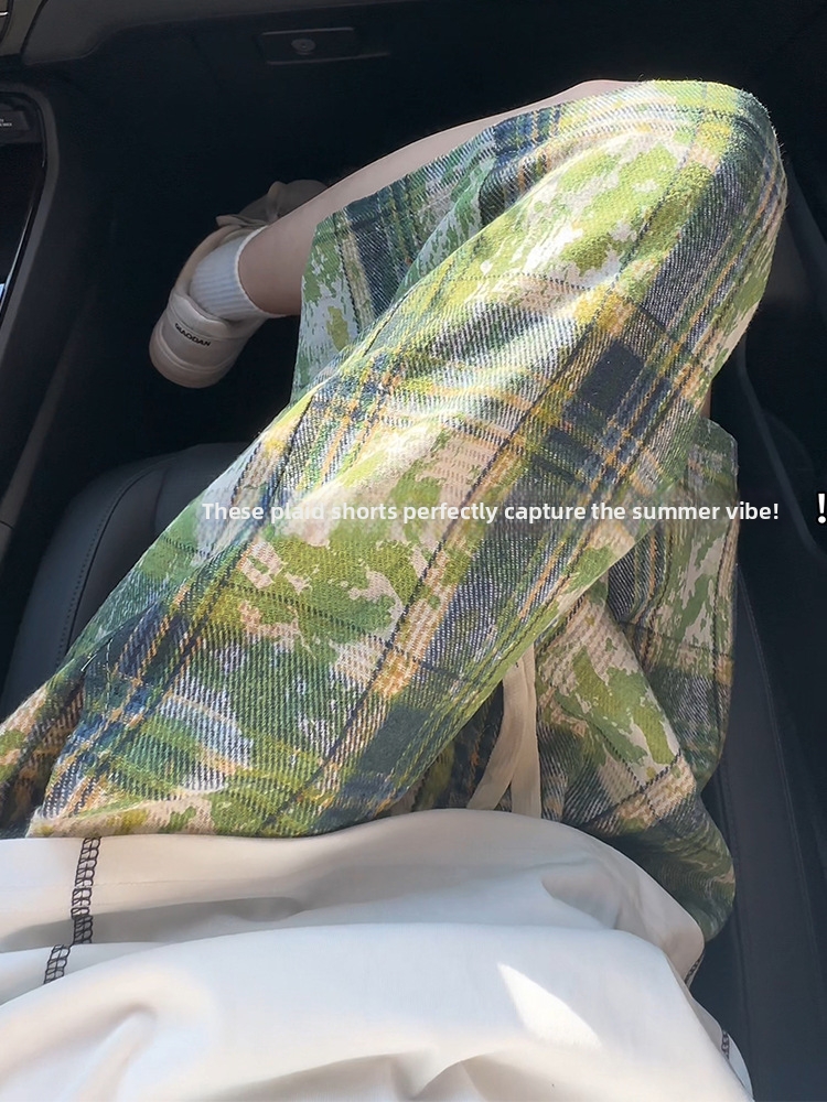 Men's Summer Tie Dye Plaid Shorts Trendy Casual Five-Point Pants Loose Straight Leg Beach Wear_viptrois.com
