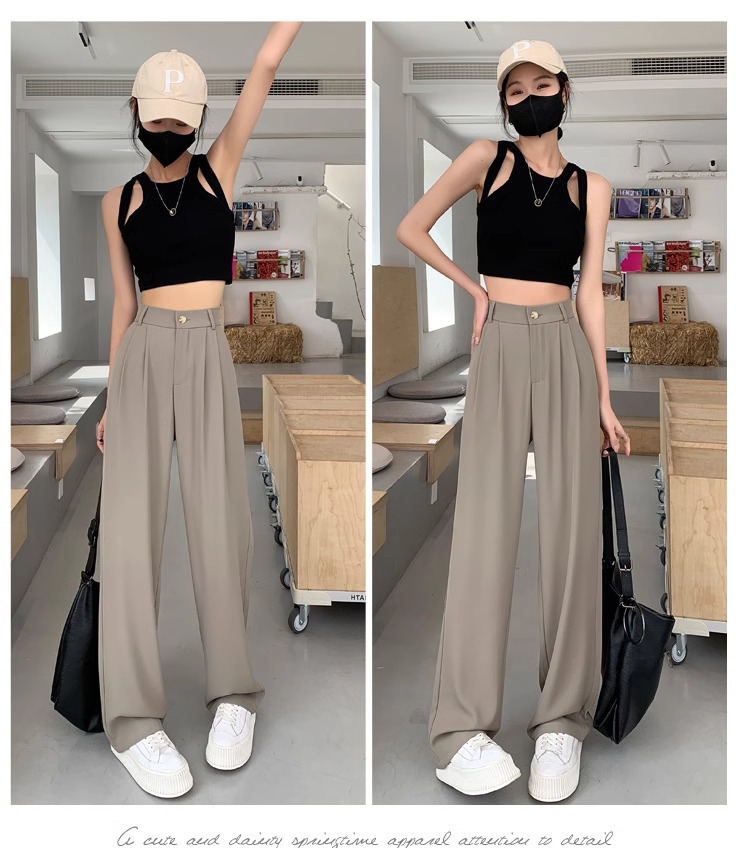 Women's Ice Silk Wide Leg Casual Pants High Waist Flowing Straight Leg Suit Loose Floor Length Trousers Summer New Style_ecoleips.com