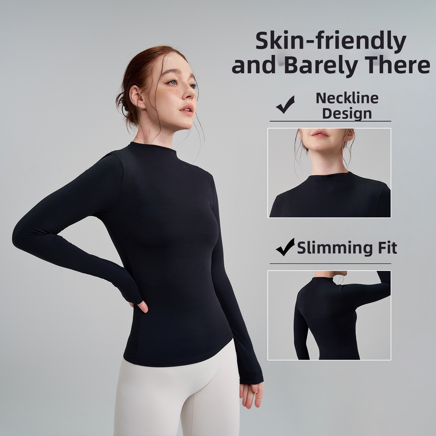 Women's High-Neck Long Sleeve Yoga Top Seamless Workout Shirt Nylon Spandex Breathable Fitness Training Apparel_ecoleips.com