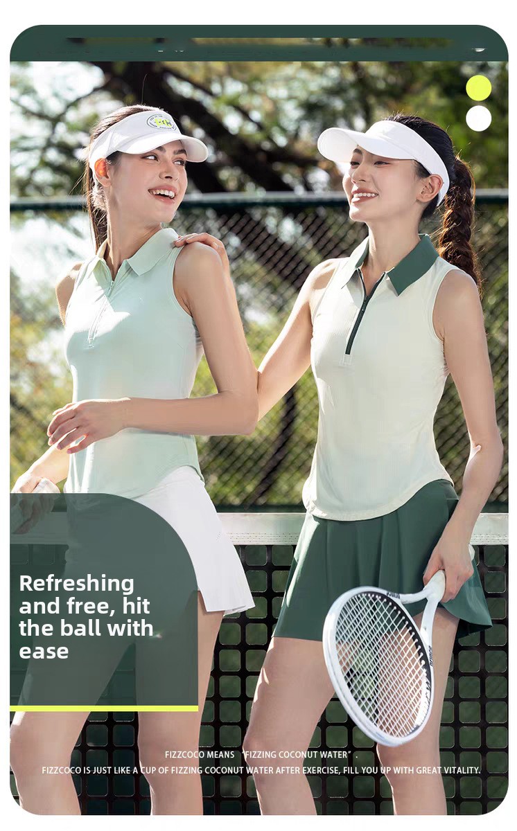 Women's sleeveless zip tennis top and skirt set detail