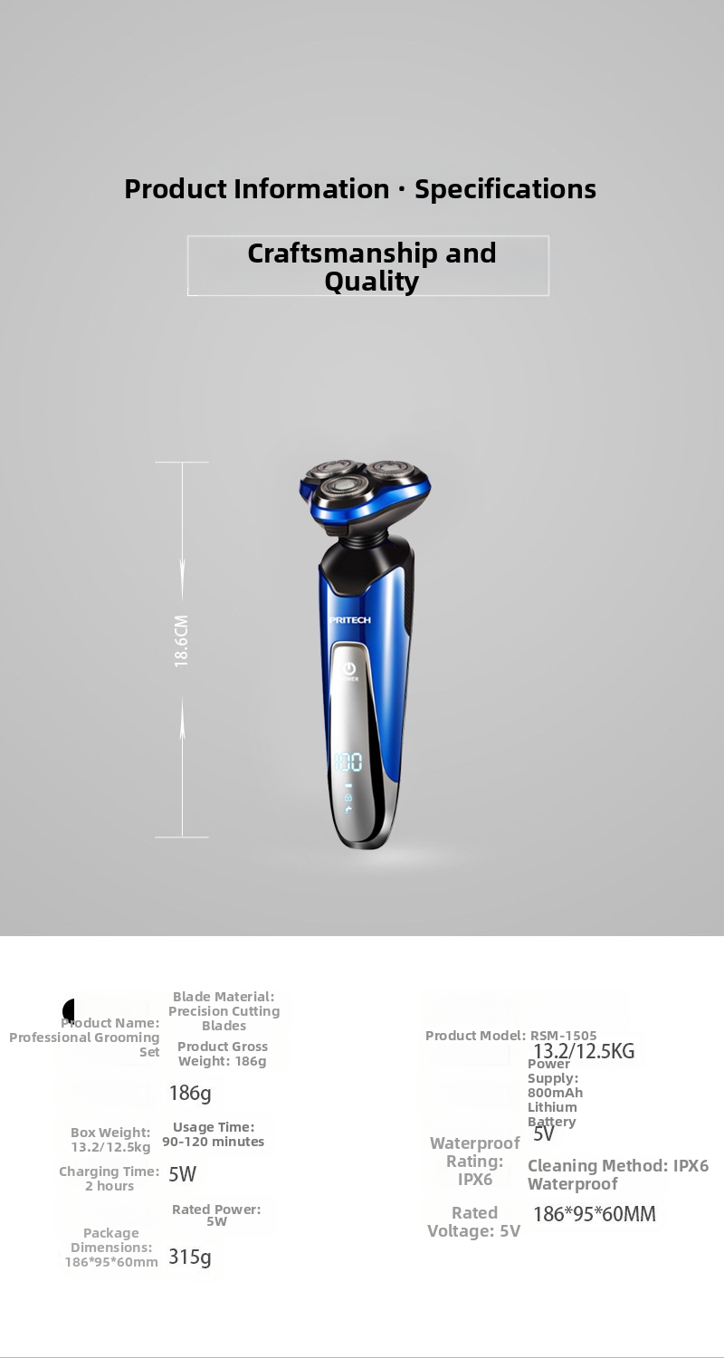 Rasoio multifunzione 3 in 1 Pritech da uomo con display digitale a LED, ricaricabile e impermeabile, rifinitore per barba._voghion.com