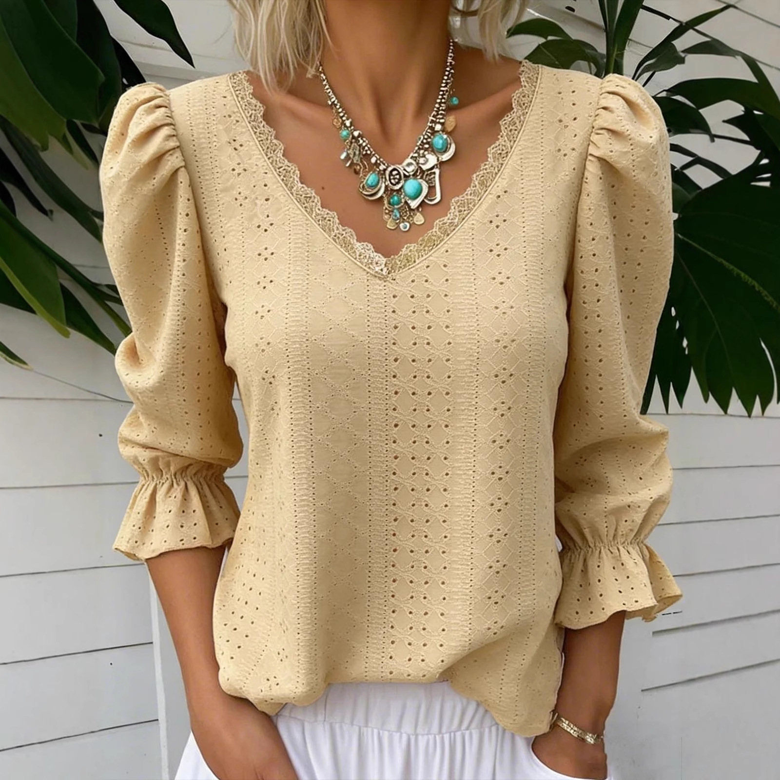 Oversized Boho-Bluse für Damen mit V-Ausschnitt, Spitzenbesatz, atmungsaktiven Puffärmeln und stylischem Design (7 Farben, Größen S-XXXL)_voghion.com