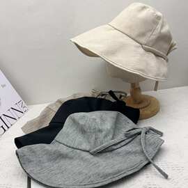 日韩简约棉麻渔夫帽女春夏出游百搭显脸小大檐帽遮阳防晒盆帽ins