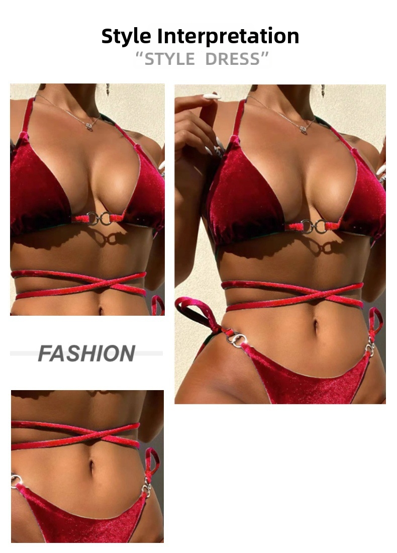 Women's Velvet Swimsuit Two-Piece Bikini Strap Backless Design Sporty Swimwear_ecoleips.com