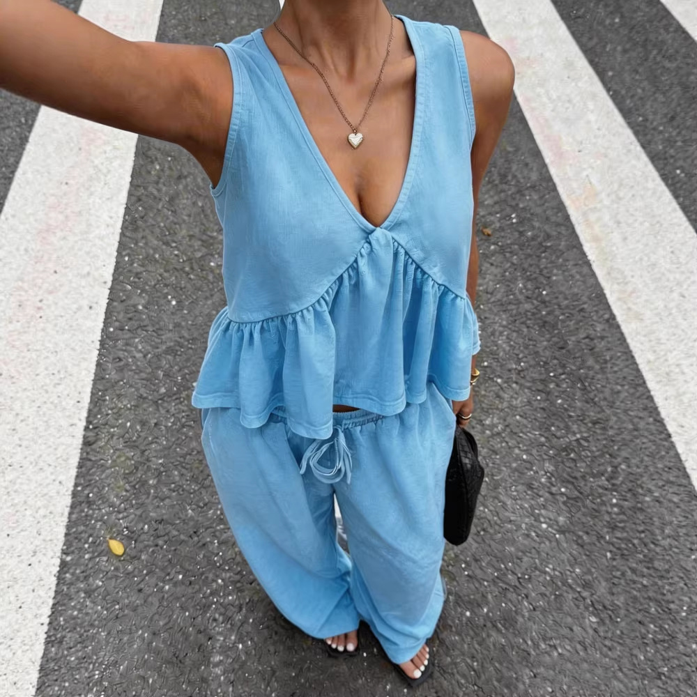 Women's Casual V Neck Pullover Sleeveless Multi Color Set Pants New Clothing_ecoleips.com