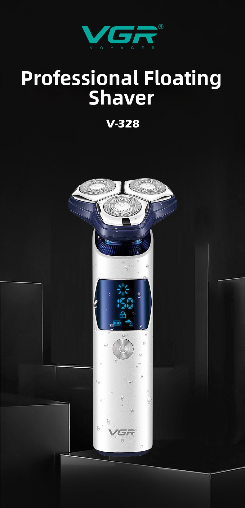 VGR328 Men's Electric Shaver With LCD Digital Display IPX7 Waterproof Three Head Floating Personal Care Home Appliance_voghion.com