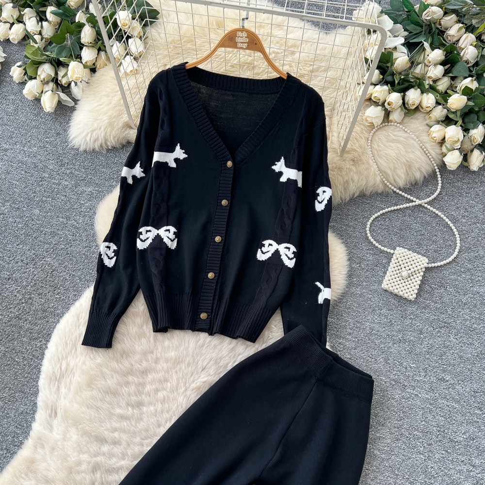 Women's European American Style V Neck Cardigan Top Wide Leg Trousers Knit Two Piece Set Slim Fit Elegant Autumn Winter_ecoleips.com