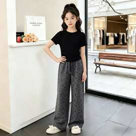 女童休闲裤春秋2026新款洋气百搭猫咪印花中大童显瘦直筒阔腿裤