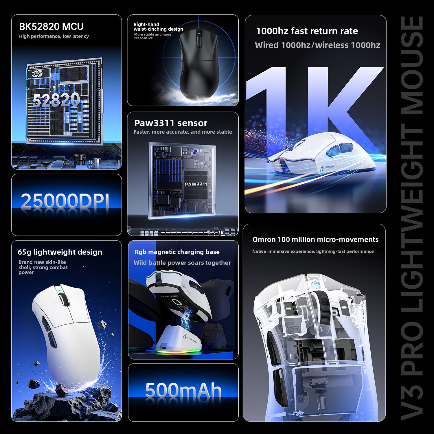 AttackShark V3PRO Mouse, Lightweight, Video Game, The Third Mock Examination, Wireless Bluetooth, RGB Seat, Rechargeable_voghion.com