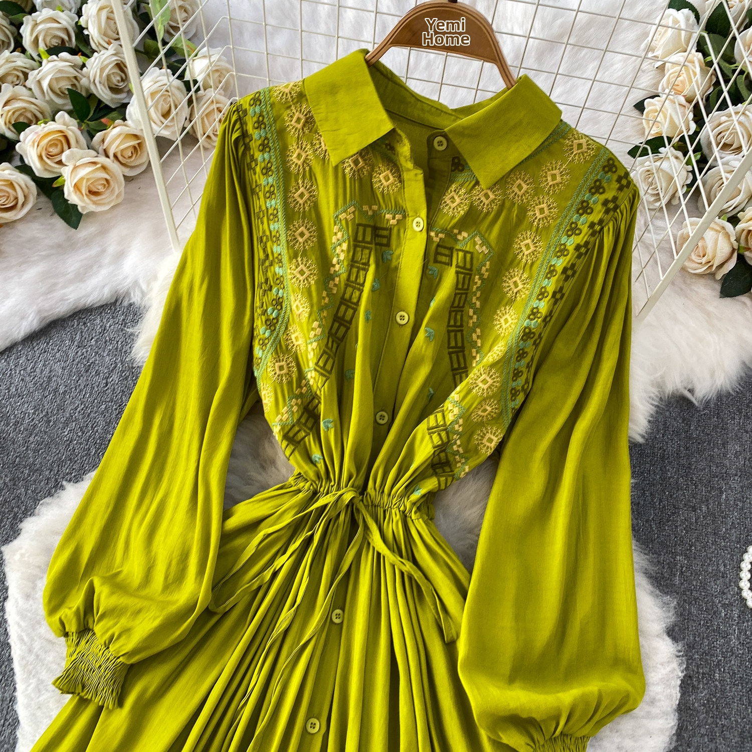 Women's French Style Retro Embroidered Collar Dress Lantern Sleeve Long Skirt Slimming Summer Commuting Dress_ecoleips.com