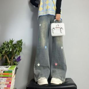 Girls' Blue Wide-Leg Pants New Spring and Autumn Popular Style Versatile Straight Loose Jeans for Students