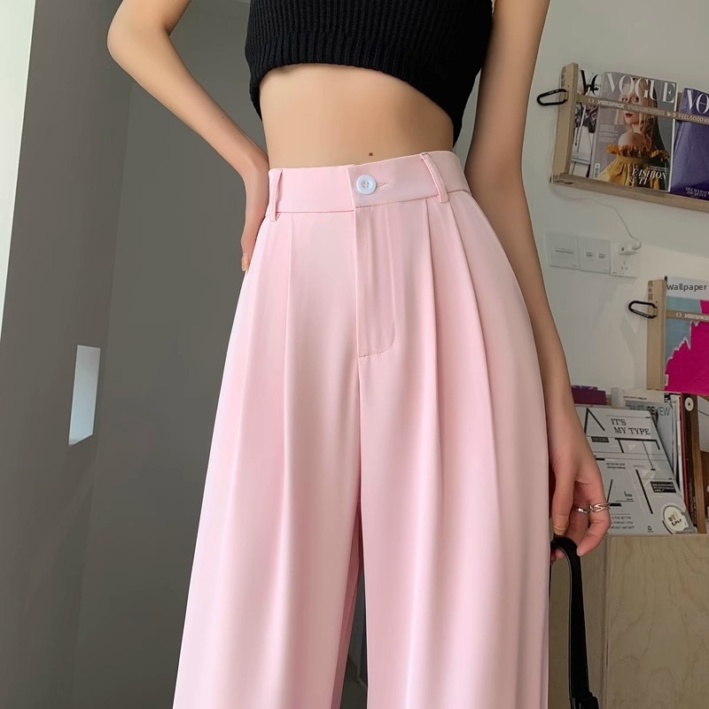 Women's Ice Silk Wide Leg Casual Pants High Waist Flowing Straight Leg Suit Loose Floor Length Trousers Summer New Style_ecoleips.com