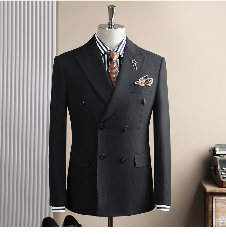 Men's Double-breasted Three-piece Suit Formal Wedding Stripe Suit_voghion.com