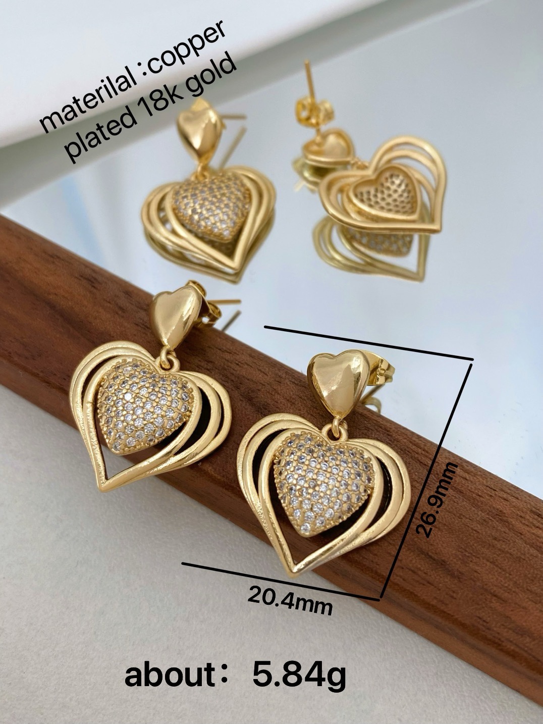 Copper Material 1 Pair Sweet Heart Shape Mixed Metal Plating Inlay Copper Zircon 18K Gold Plated Drop Earrings