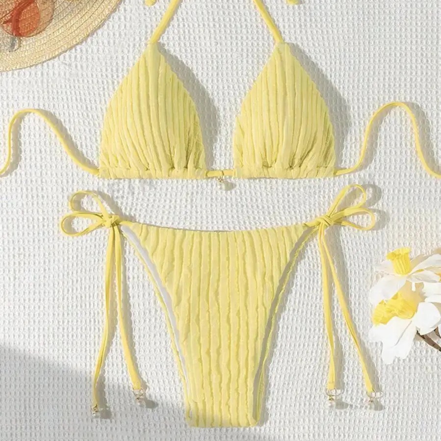 Damen Bikini Set Gestreift Sexy Bademode Triangel Bikini_voghion.com