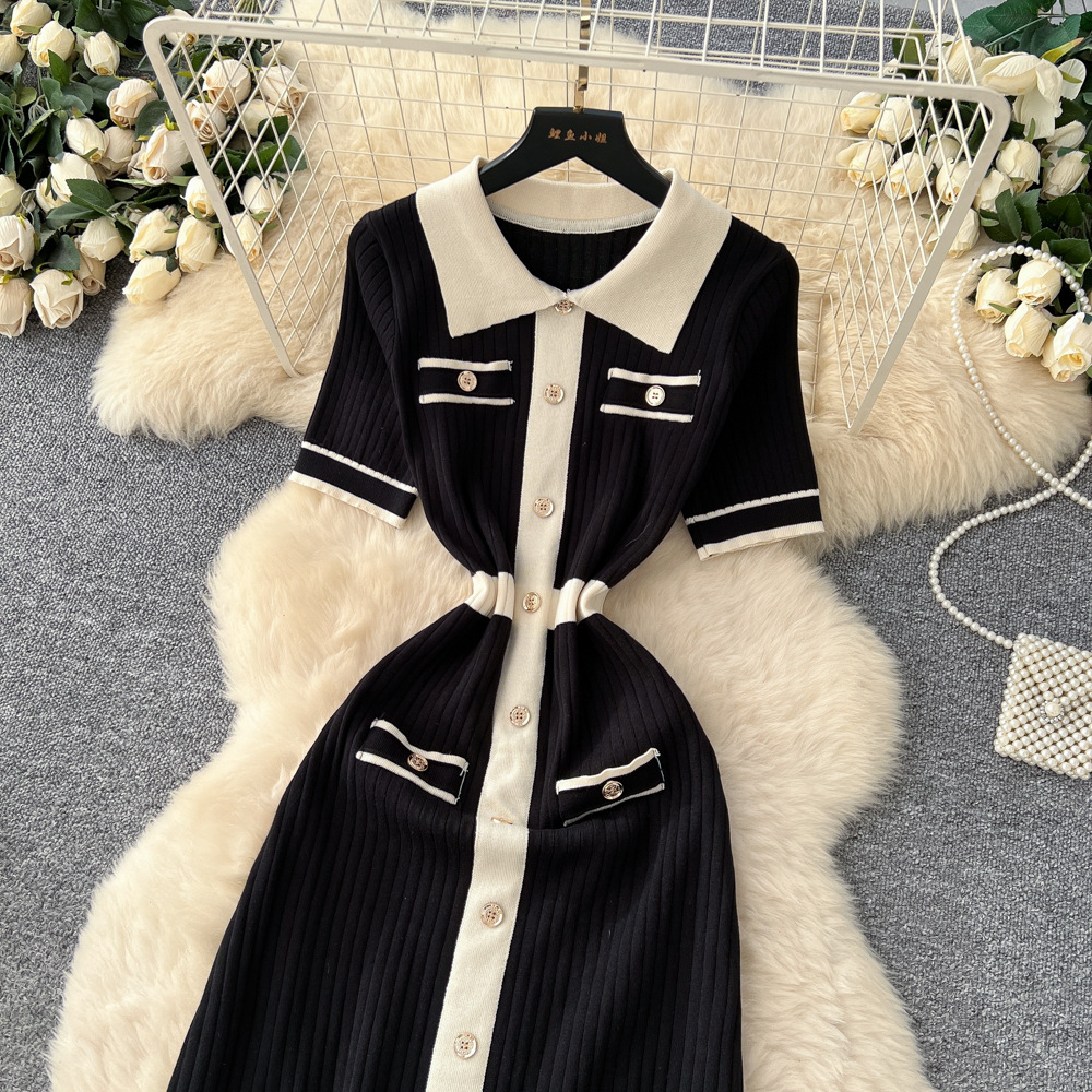 Retro Chic Fashion Polo Collar Dress For Women Short Sleeved Knitted With Metal Buckle Fitted Waist Long Skirt_ecoleips.com
