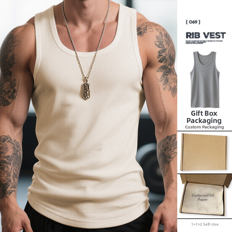 Men's Clothing Retro White Heavyweight Ribbed Shoulder Fitness Vest 100% Cotton Sports T-Shirt For Men For Formal & Casual_viptrois.com