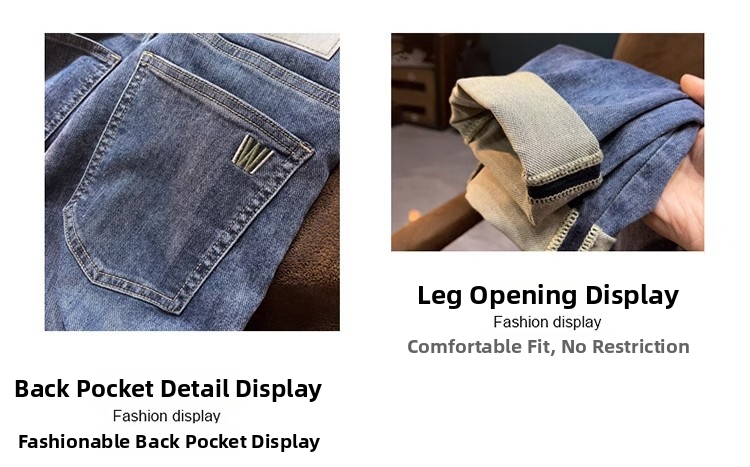 Men's Slim Fit Stretchy Jeans Casual Cropped Korean Style Trendy Slightly Wide Versatile Denim Blue Low Waist For Spring_mkmklike.com